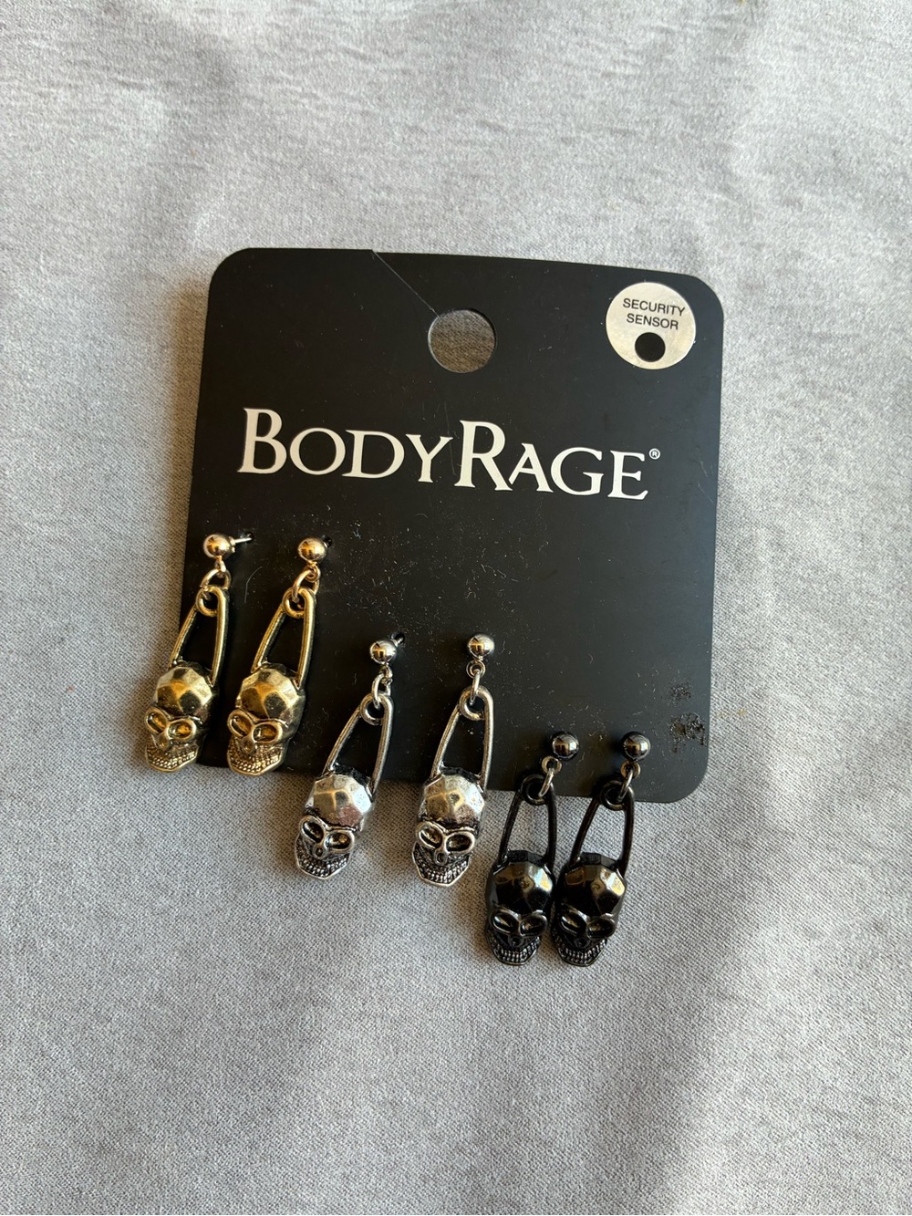 BodyRage Skull Drop Earrings - Gold, Silver, Black (3 Pairs)
